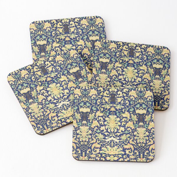 Item preview, PINK YELLOW LOTUS FLOWERS AND CROWNS  IN BLUE INDIGO Anique Chinese Floral Pattern designed and sold by BulganLumini.