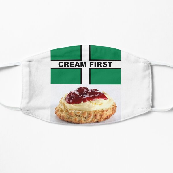 Cream First Scone with Devon Flag of Saint Petroc Statement T-Shirt, Mask, Poster, Sticker, Print, poster etc Flat Mask