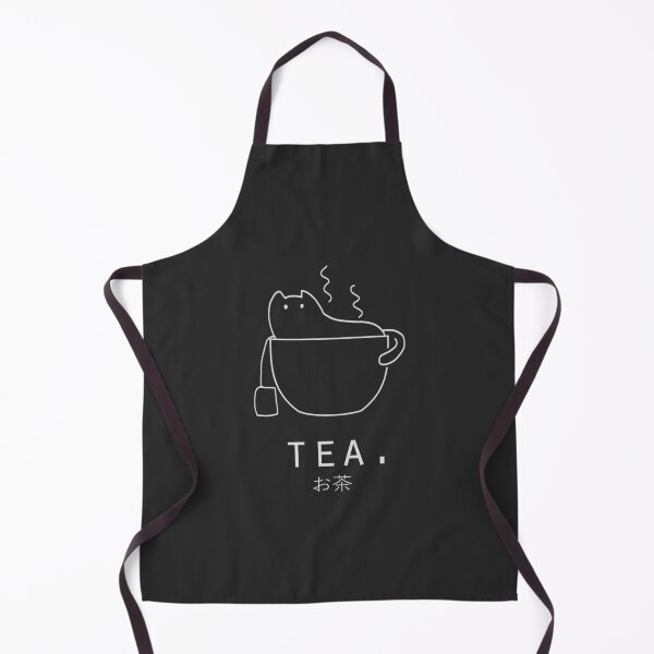 Tea "Ocha" with Kawaii Cat Japanese Minimalist Simple Art (Black) Apron