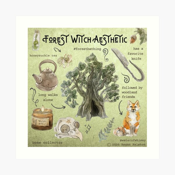 Forest Witch Aesthetic Illustration in Watercolor Art Print