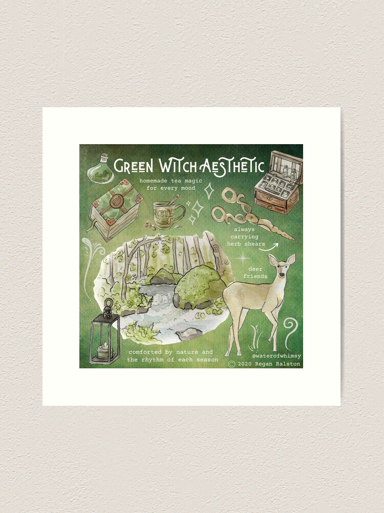 Alternate view of Green Witch Aesthetic Illustration in Watercolor Art Print