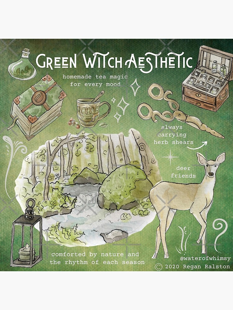 Green Witch Aesthetic Illustration in Watercolor by WitchofWhimsy