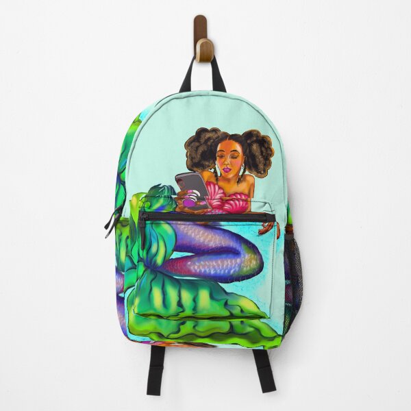 Item preview, Mermaid Afro Mermaid - Coco the Magical rainbow mermaid and phone - brown eyes, Afro hair in two puffs and caramel brown skin - light background designed and sold by Artonmytee.