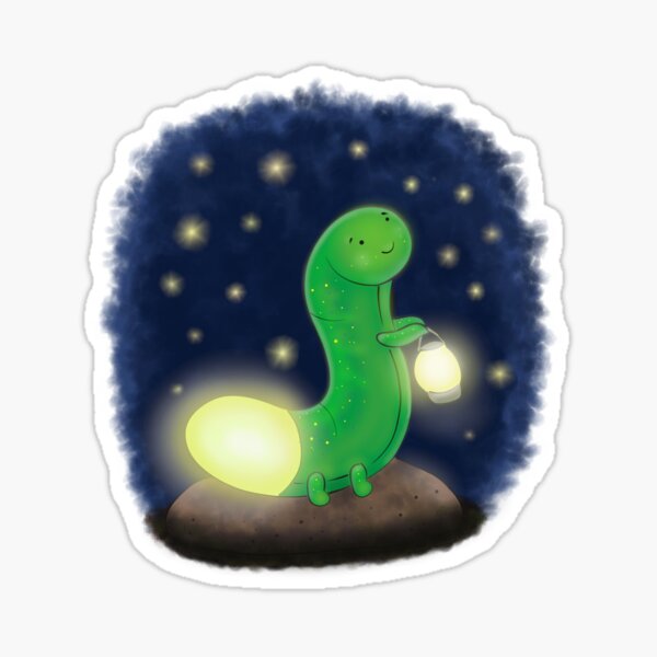 Cute green glow worm with lantern cartoon illustration Sticker
