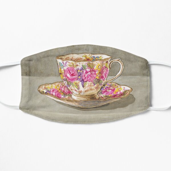 Traditional English Cup and Saucer for Tea Pink Roses Flat Mask