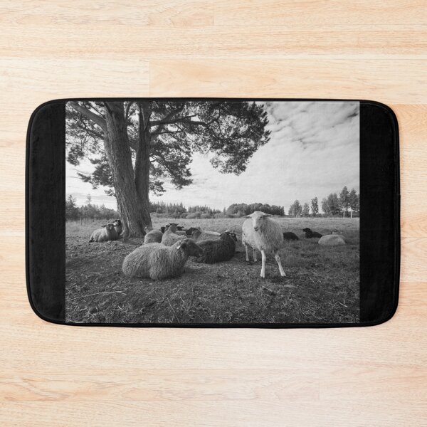 Item preview, Happy sheep on the field in bw designed and sold by Jouko Lehto Photography.