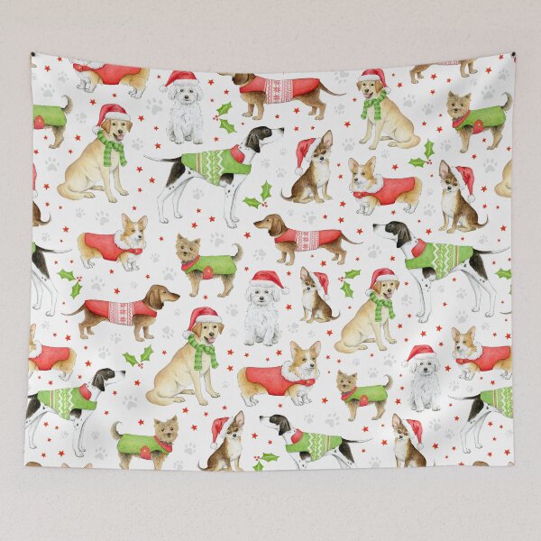 Item preview, Dogs in Christmas Coats and Hats on white - repeat pattern designed and sold by HazelFisher.
