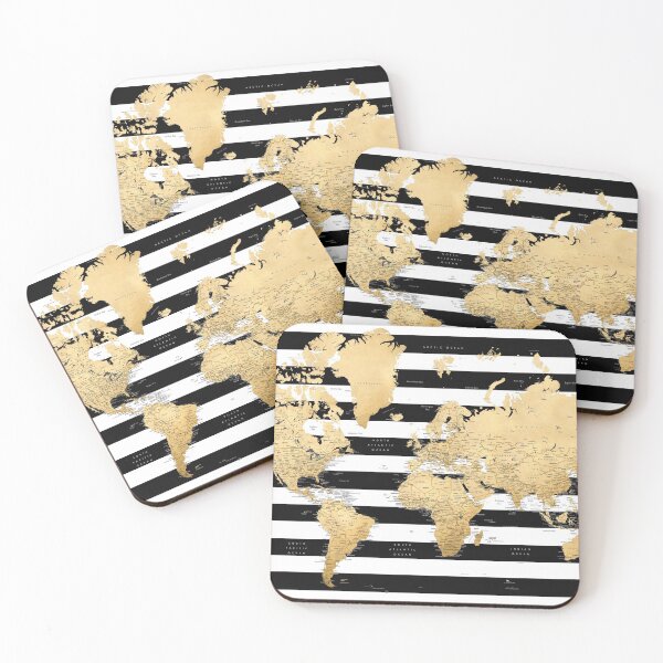 Item preview, Detailed world map in gold black white stripes designed and sold by blursbyai.