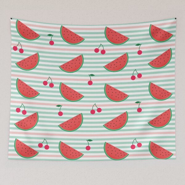 Item preview, Seamless pattern with Watermelon and strawberry on green and pink stripes designed and sold by UniqueMw.
