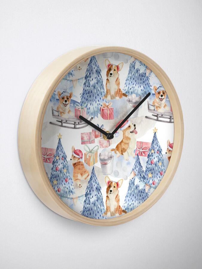Alternate view of Merry Corgmess - Corgi Celebrating Christmas In Forest Pattern - Clock
