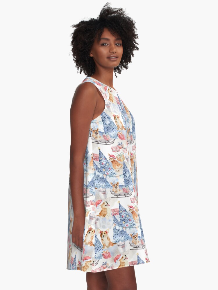Alternate view of Merry Corgmess - Corgi Celebrating Christmas In Forest Pattern - A-Line Dress