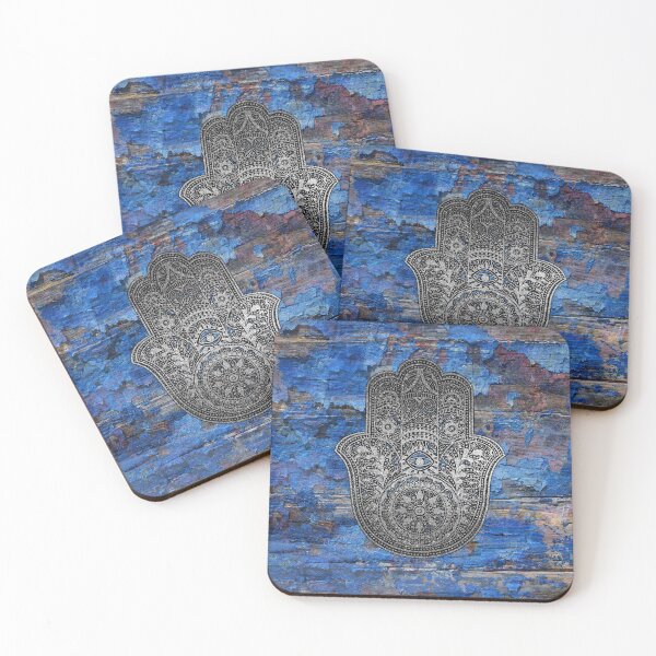 Item preview, Silver Hamsa Hand On Rustic Wood Blues designed and sold by maryedenoa.