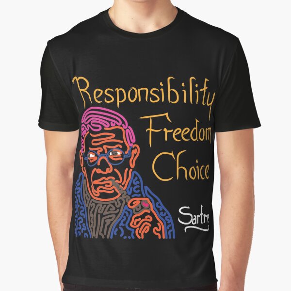 STYLIZED LINE ART SARTRE - RESPONSIBILITY FREEDOM CHOICE - neon Graphic T-Shirt