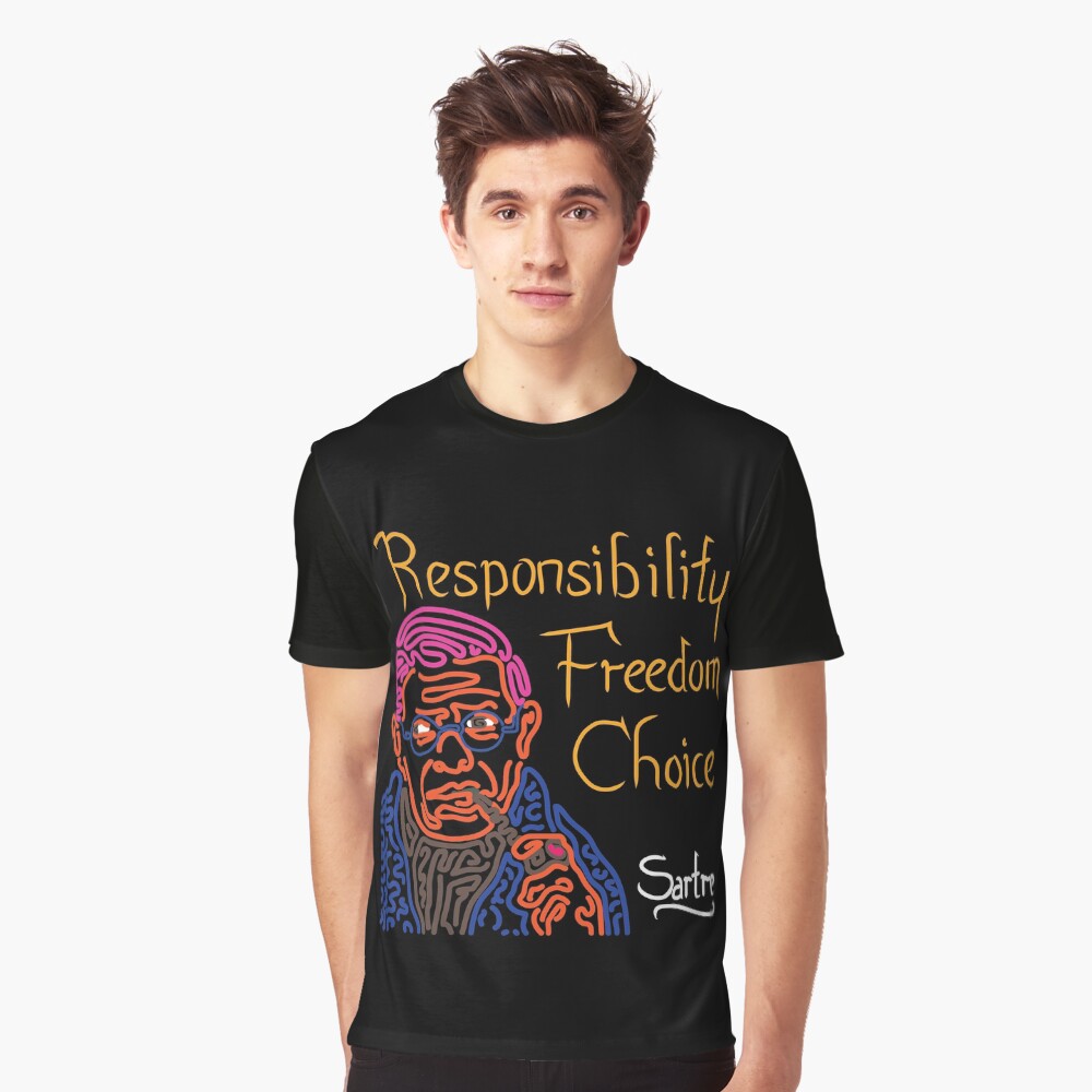 STYLIZED LINE ART SARTRE - RESPONSIBILITY FREEDOM CHOICE - neon Graphic T-Shirt