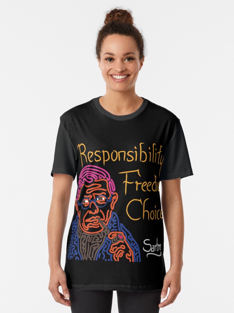 Alternate view of STYLIZED LINE ART SARTRE - RESPONSIBILITY FREEDOM CHOICE - neon Graphic T-Shirt