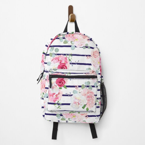 Item preview, Pink Floral Roses & Blue Stripes Pattern designed and sold by newburyboutique.