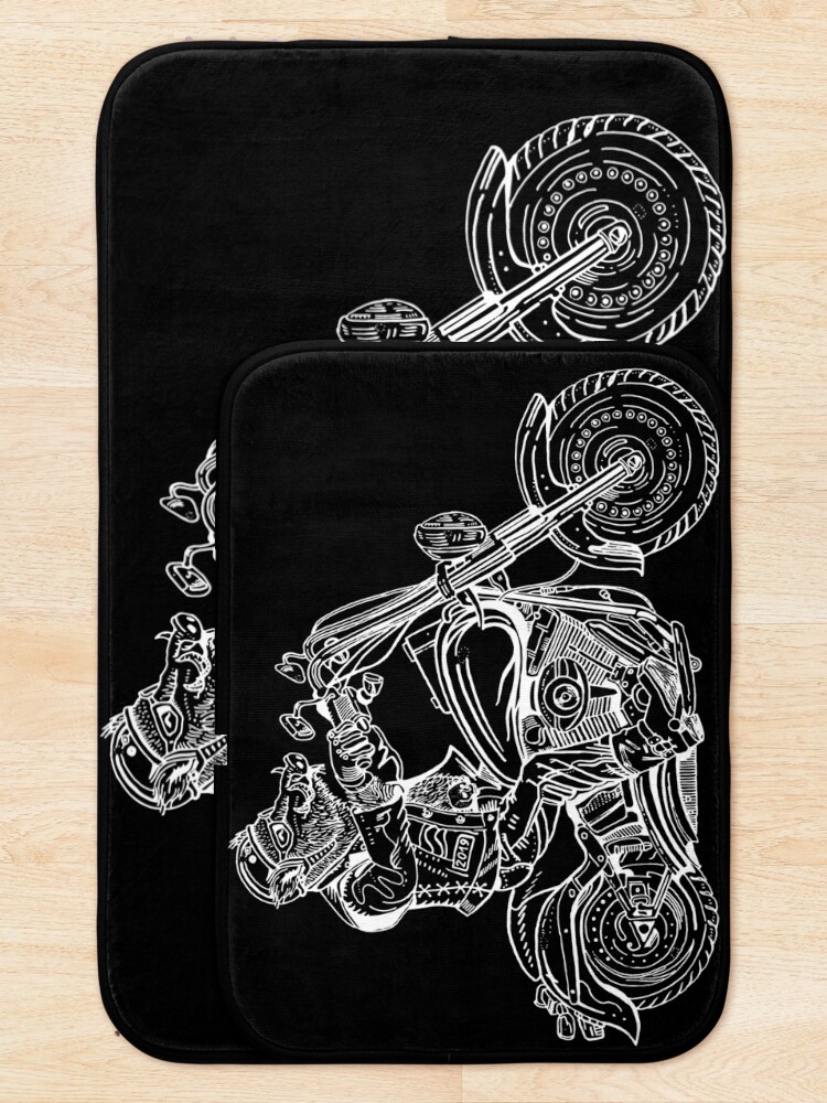 Alternate view of Boar on motorbike white on black Bath Mat