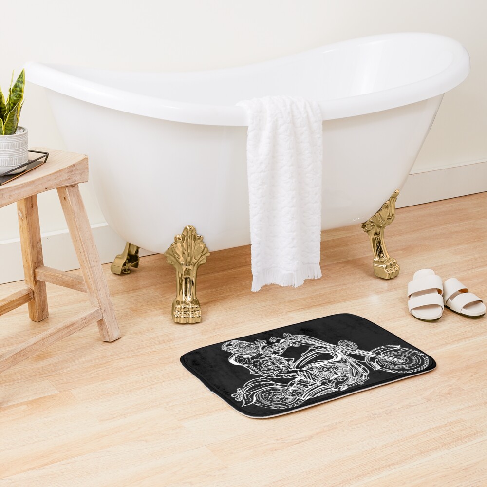 Boar on motorbike white on black Bath Mat