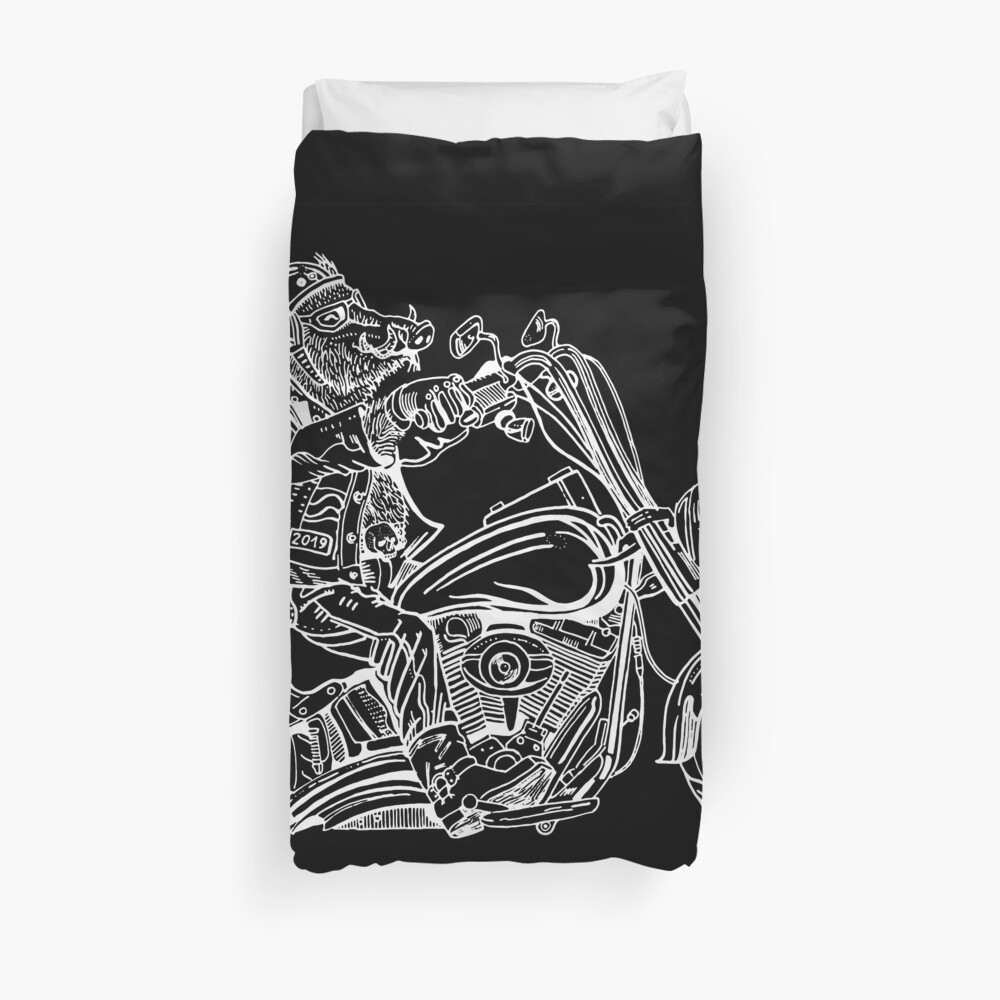 Boar on motorbike white on black Duvet Cover