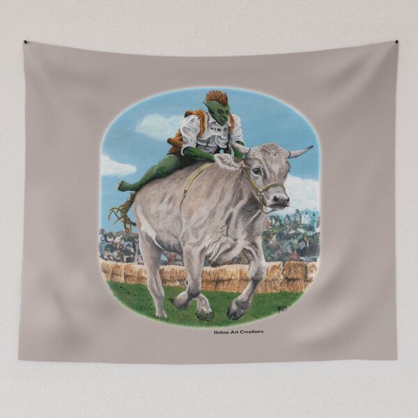 Item preview, Goblin Racer Bull Riding Fantasy Art designed and sold by HelmsArt.