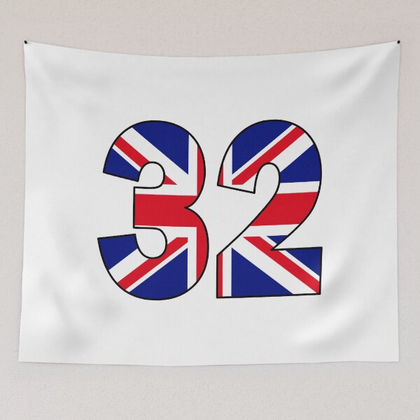 Item preview, Number 32 with UK flag on the background designed and sold by AllShirts21.