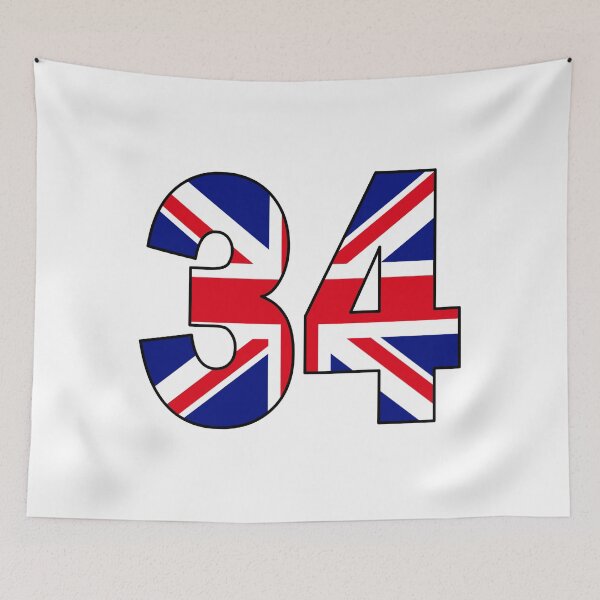 Item preview, Number 34 with UK flag on the background designed and sold by AllShirts21.