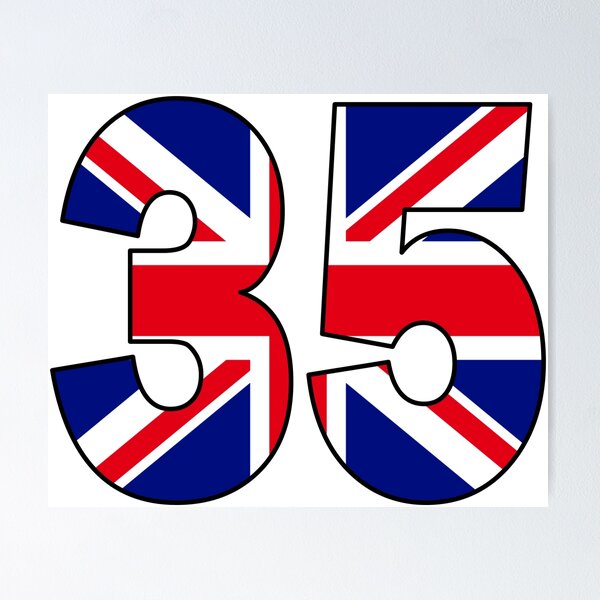 Item preview, Number 35 with UK flag on the background designed and sold by AllShirts21.