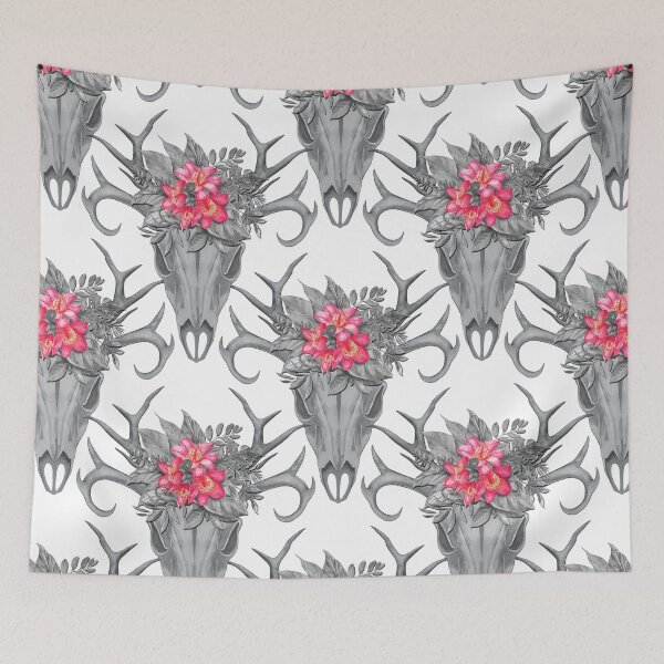 Item preview, Copy of Boho style grey skull with red flowers small / pattern designed and sold by FK-UK.