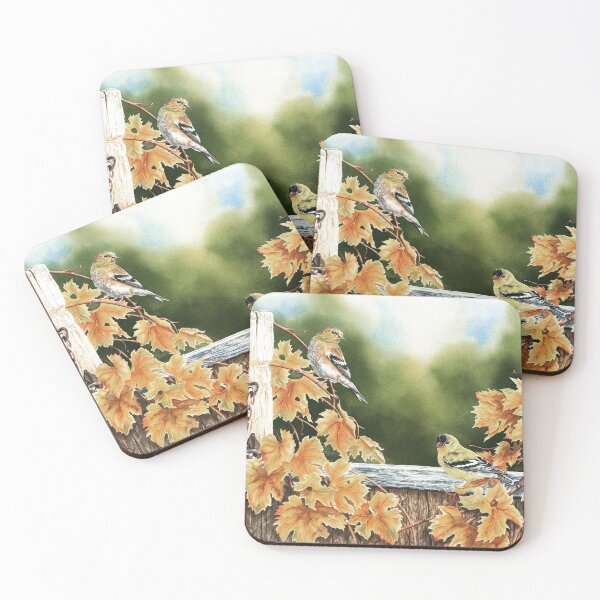 Goldfinch Autumn Watercolor Painting Coasters (Set of 4)