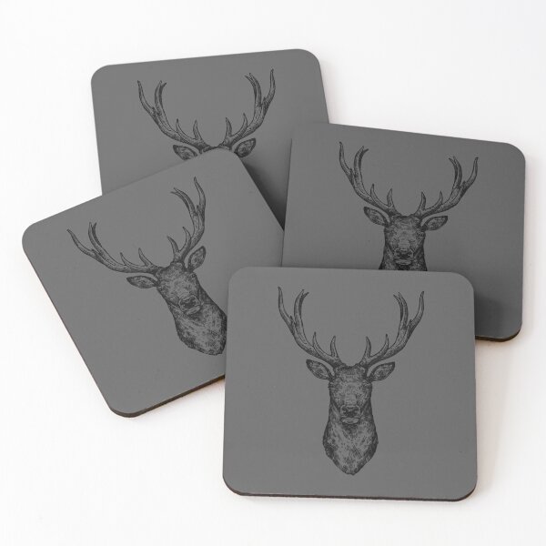Black Stag Head On Grey Background Coasters (Set of 4)