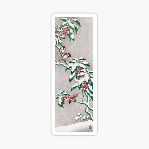 Ohara Koson Sparrows on snowy berry bush Sticker