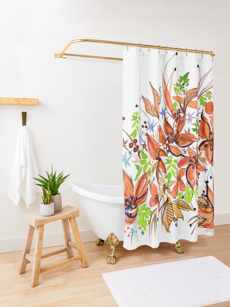 Alternate view of Hawaii Sings Orange with Flowers Shower Curtain