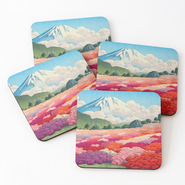Hasui Kawase (Japanese, 1883 - 1957) Views of Mount Fuji Azalea Garden Vintage Japanese Woodblock Print Coasters (Set of 4)