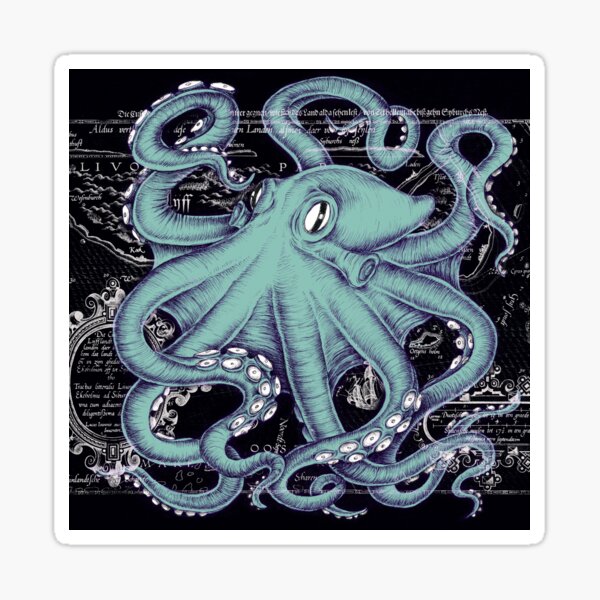 Teal Octopus Tentacles Kraken Ink Vintage Map Nautical Blue Sticker