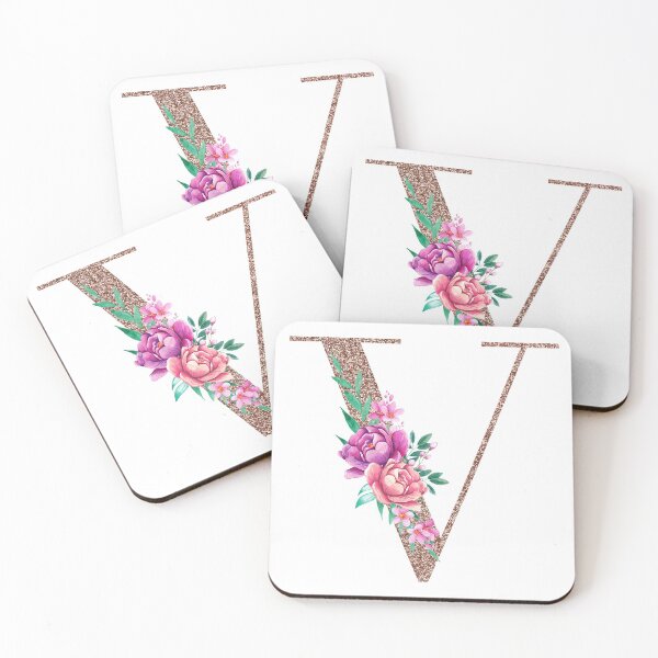 Item preview, Rose Gold Font with Floral Bouquet Monogram V designed and sold by TheFamilyVan.