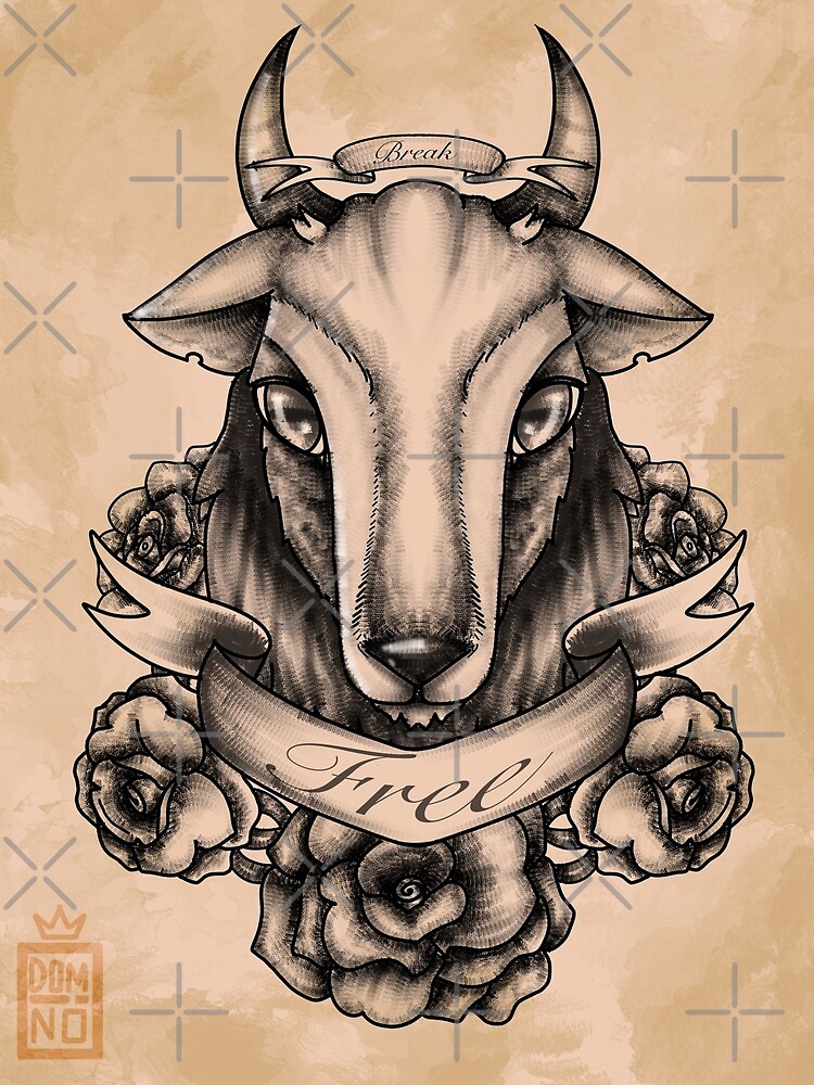 A goat skull over a pattern of alchemy symbols tattoo idea | TattoosAI