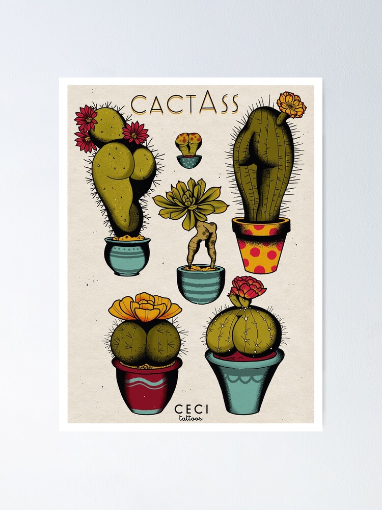 Alternate view of CactAss tattoo flash Poster