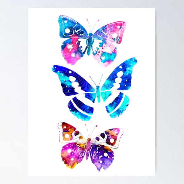 Póster Fondo colorido pintado a mano con mariposas voladoras. Imagen creada  con acuarelas. 