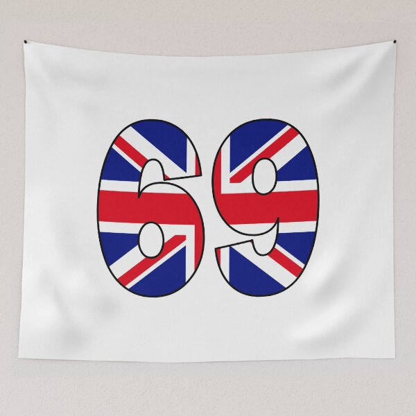 Item preview, Number 69 with UK flag on the background designed and sold by AllShirts21.