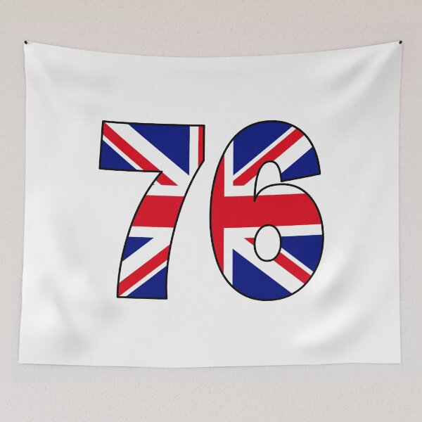 Artikelvorschau, Nummer 76 mit UK-Flagge im Hintergrund entworfen und verkauft von AllShirts21.