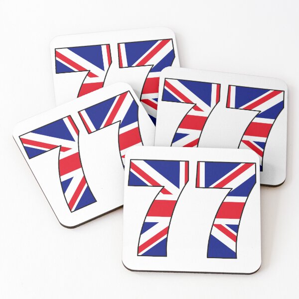 Artikelvorschau, Nummer 77 mit UK-Flagge im Hintergrund entworfen und verkauft von AllShirts21.