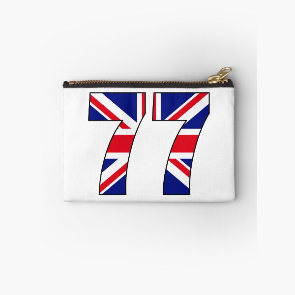 Artikelvorschau, Nummer 77 mit UK-Flagge im Hintergrund entworfen und verkauft von AllShirts21.