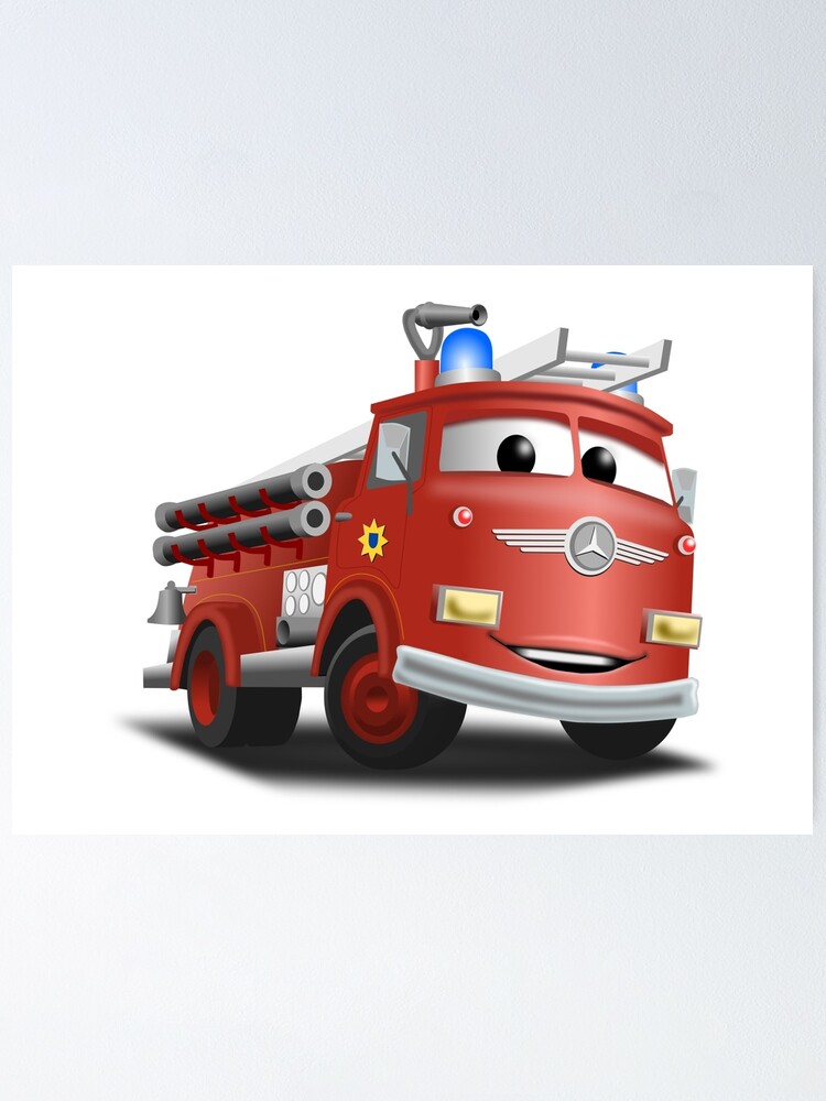 Poster for Sale mit Feuerwehrauto im Cartoon-Stil von