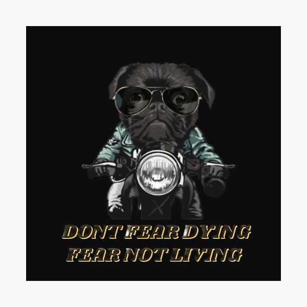 Item preview, " Dont Fear dying fear not living" Pug Dog Riding a motorbike  designed and sold by RetroPosh.