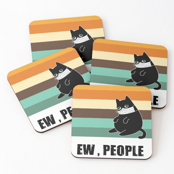 Item preview,  Ew people , cute black shadow cat wearing white face mask with vintage background colors, quarantined cat designed and sold by SGS-.