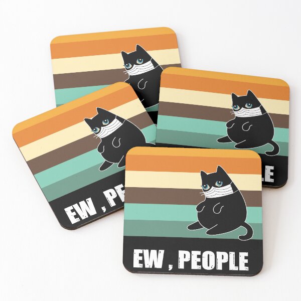 Item preview,   Ew people , cute black shadow cat wearing white face mask with vintage background colors, quarantined cat white text designed and sold by SGS-.