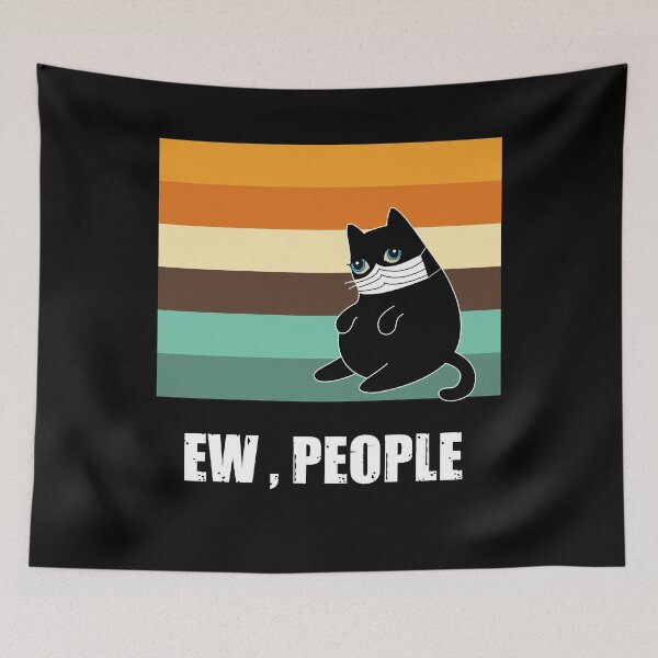 Item preview,   Ew people , cute black shadow cat wearing white face mask with vintage background colors, quarantined cat white text designed and sold by SGS-.