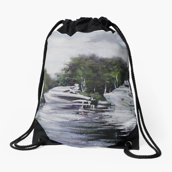 White cabin cruiser boats moored in a rural location Drawstring Bag