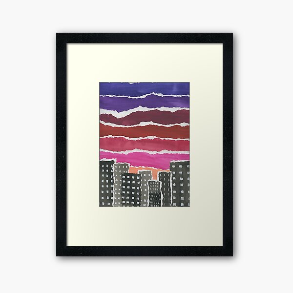 Sunset Night Sky Gouache Painting Collage Framed Art Print