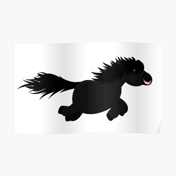 Cute running black Shetland pony cartoon illustration Poster